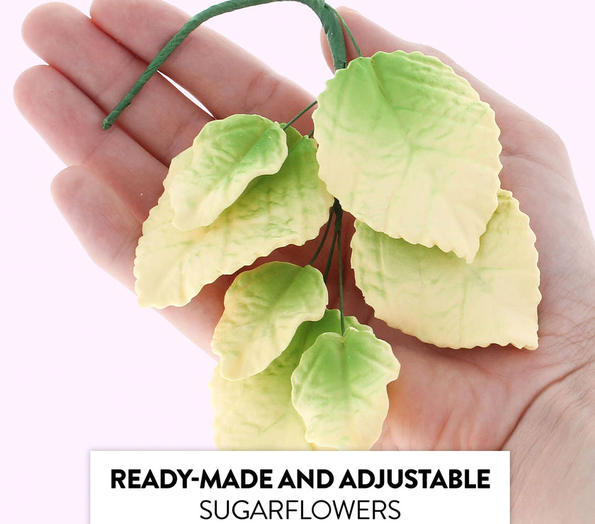 Pale Yellow and Green Rose Leaf Spray, Cake Decoration by Global Sugar Art, 3 Count