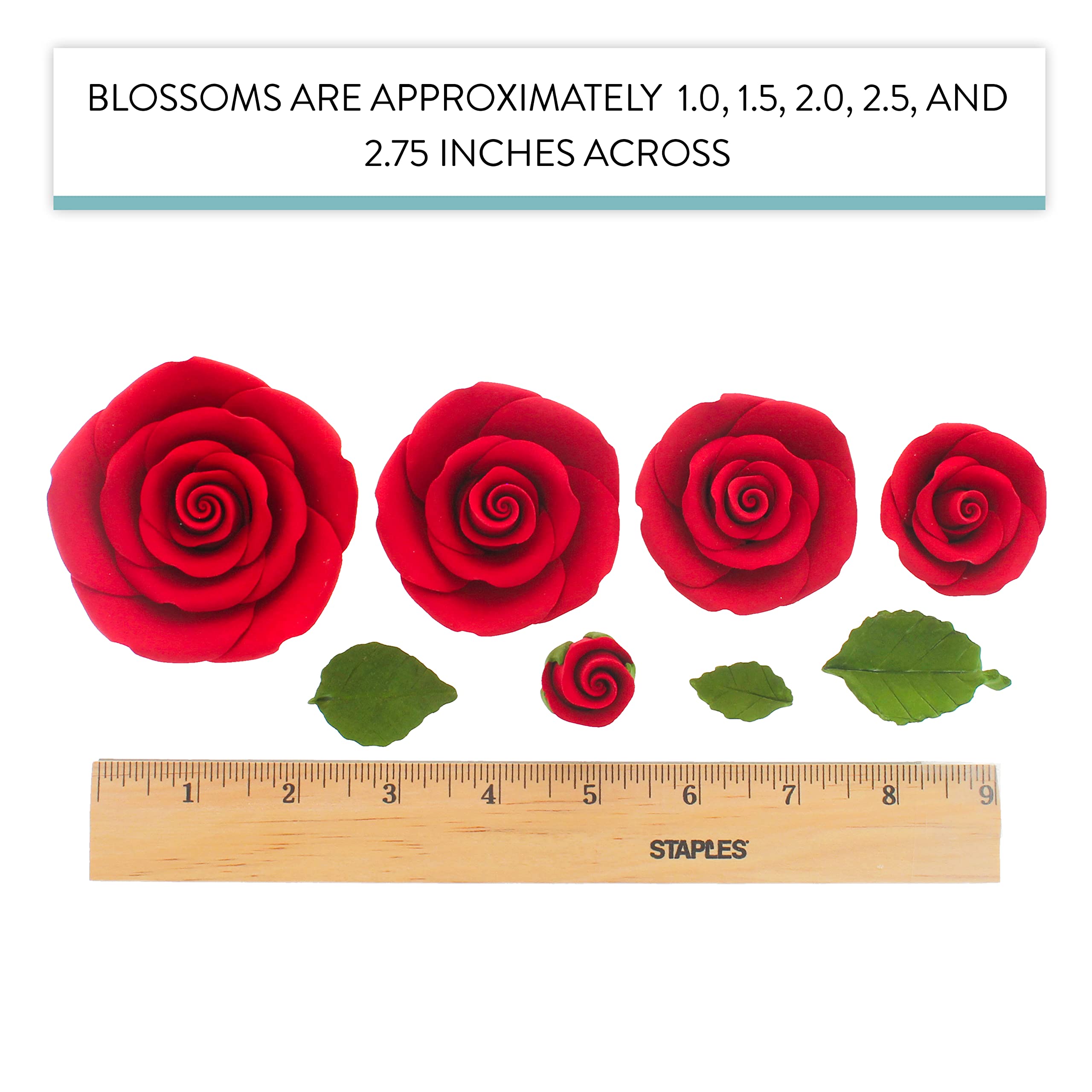 Exquisite Rose & Leaf Kit, Sugar Cake Flowers by Global Sugar Art, Red Roses with Leaves, 15-Piece Set