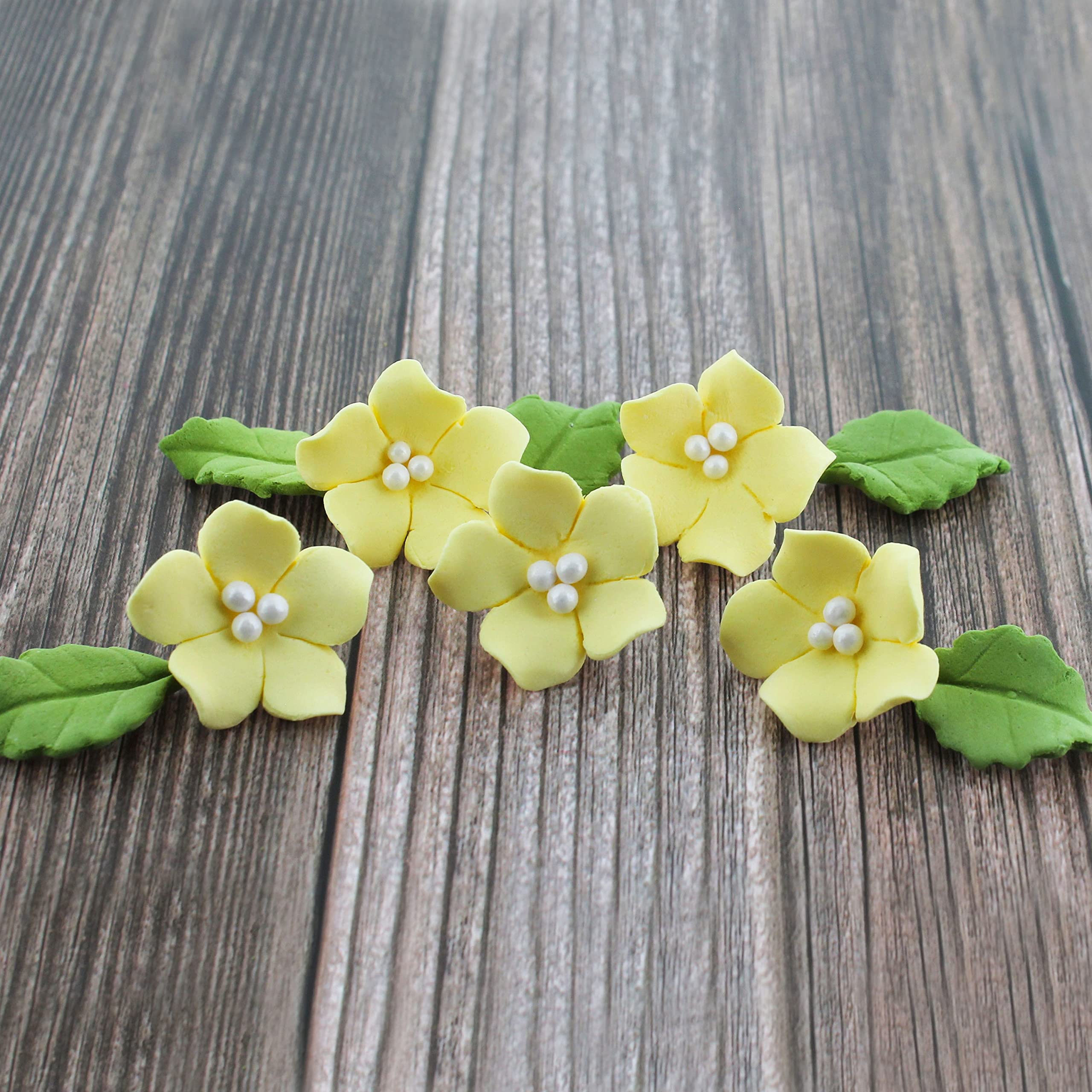 Flower Blossoms with Leaves, Edible Sugar Flowers for Cakes & Cupcakes, by Global Sugar Art, Yellow
