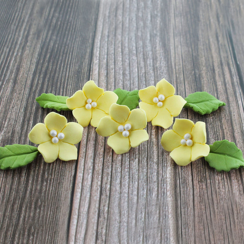 Flower Blossoms with Leaves, Edible Sugar Flowers for Cakes & Cupcakes, by Global Sugar Art, Yellow