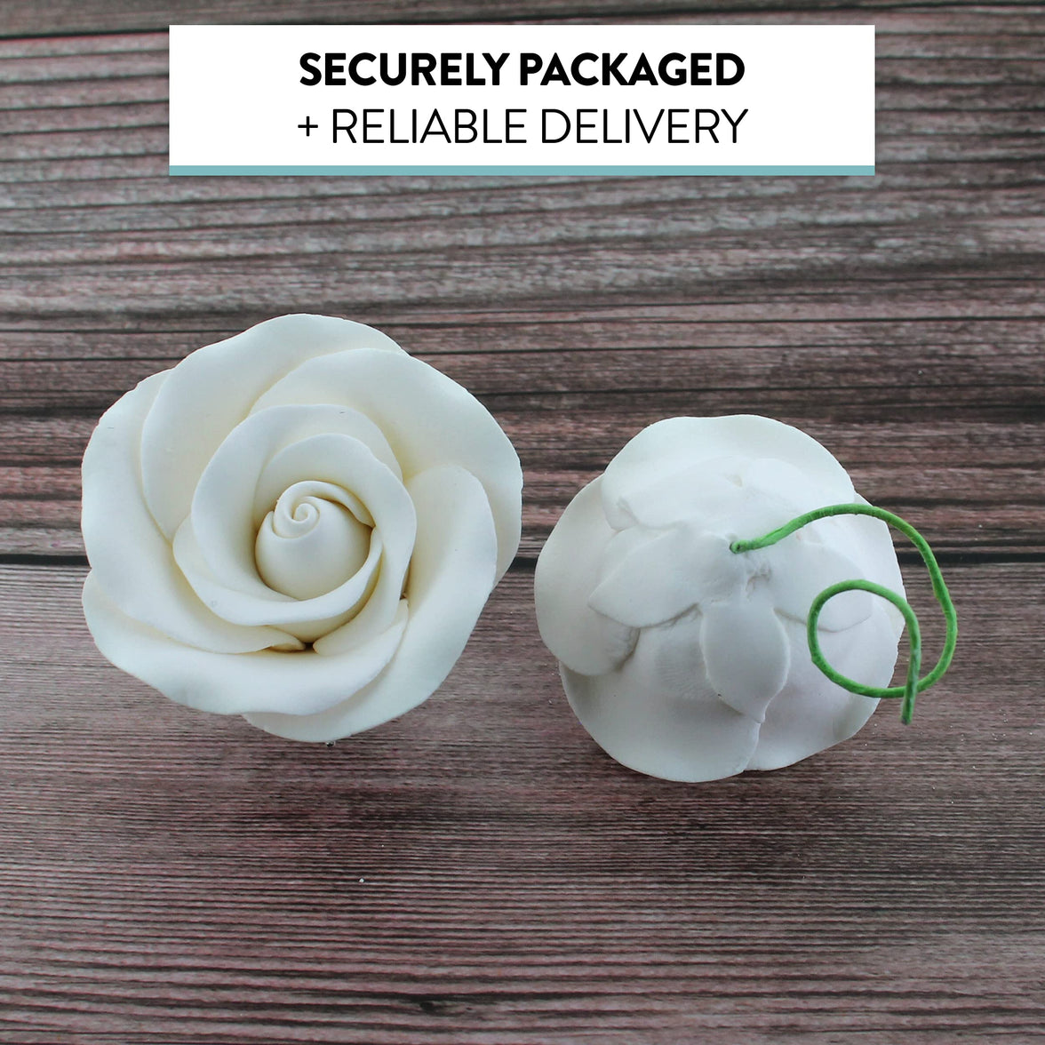 Classic Tea Rose Sugar Cake Flowers, by Global Sugar Art, Wired, White, Small-Medium