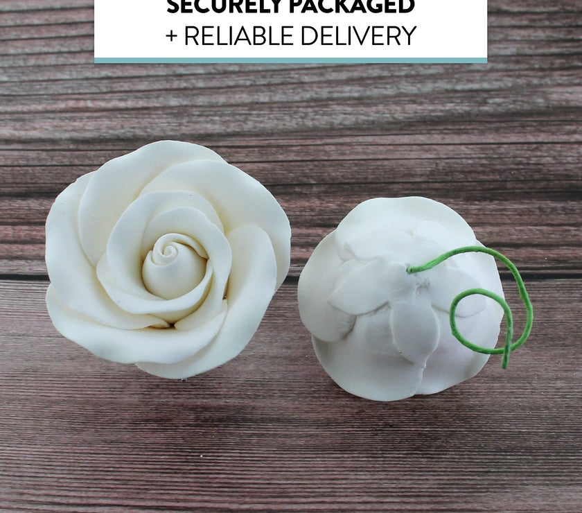 Classic Tea Rose Sugar Cake Flowers, by Global Sugar Art, Wired, White, Small-Medium