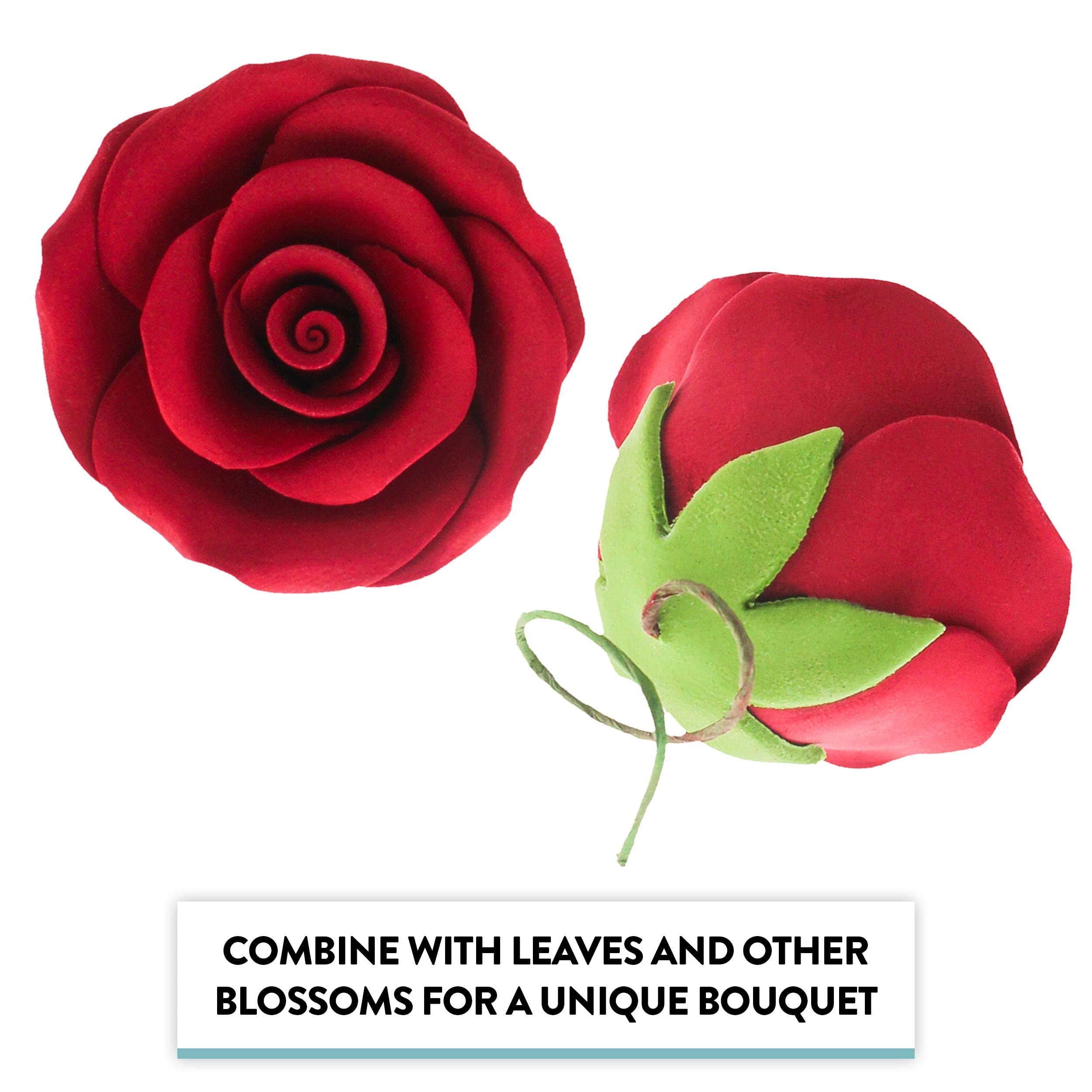 Classic Tea Rose Sugar Cake Flowers, by Global Sugar Art, Wired, Red with Green Calyx, Smedium