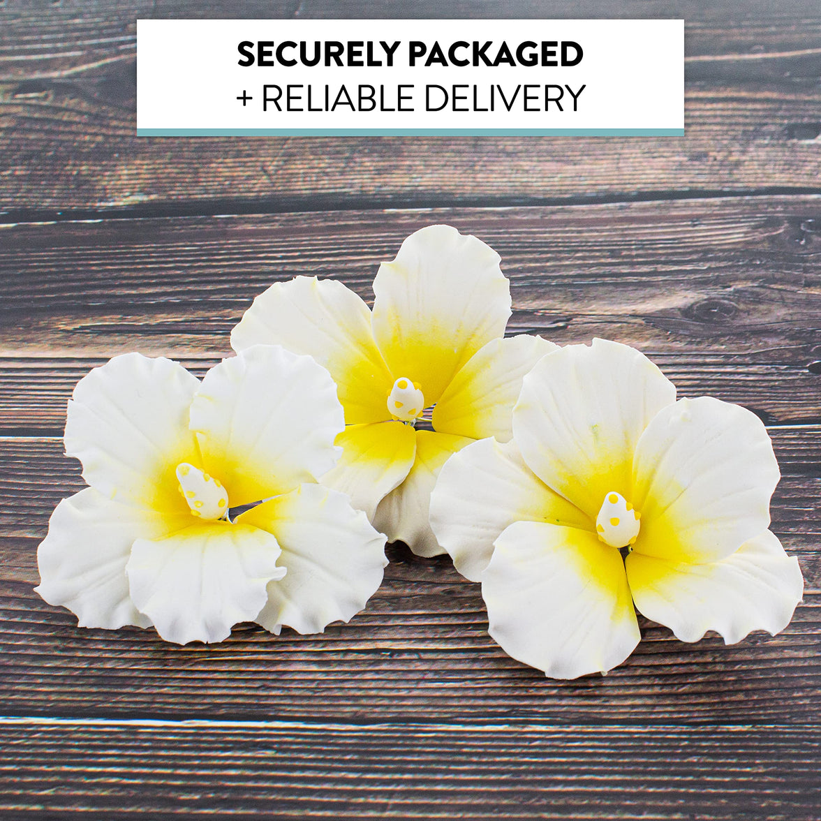 Hibiscus Sugar Cake Flowers, White and Yellow Tropical Sugar Flowers, by Global Sugar Art