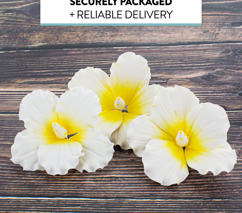 Hibiscus Sugar Cake Flowers, White and Yellow Tropical Sugar Flowers, by Global Sugar Art