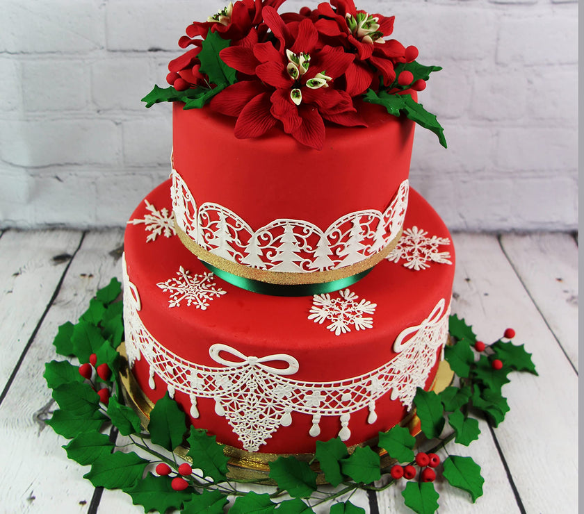 Poinsettia Sugar Flower & Holly Leaf Spray Kit for Cakes, by Global Sugar Art, Small with Berries