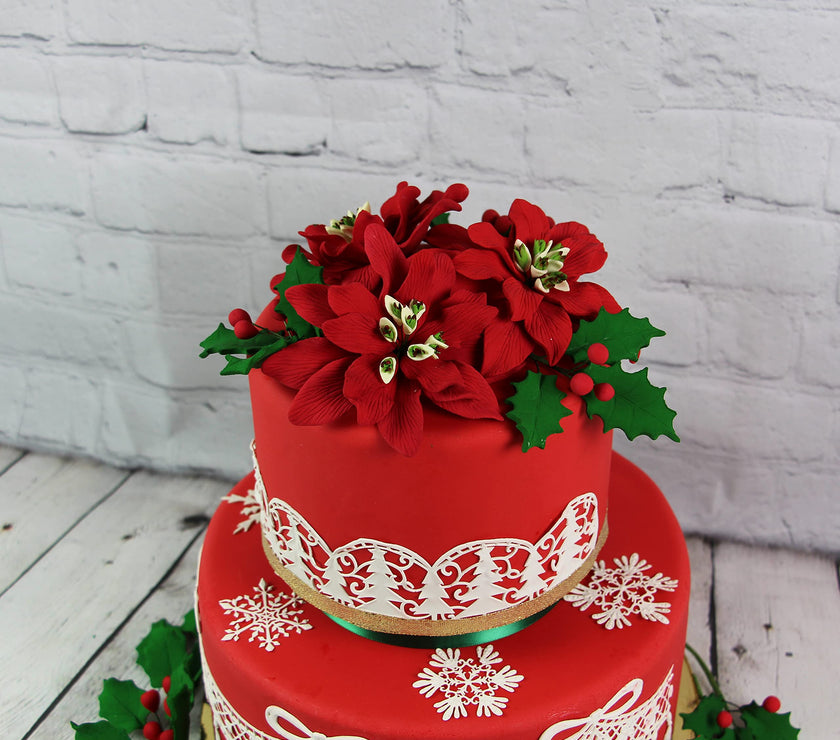Poinsettia Sugar Flower & Holly Leaf Spray Kit for Cakes, by Global Sugar Art, Small with Berries