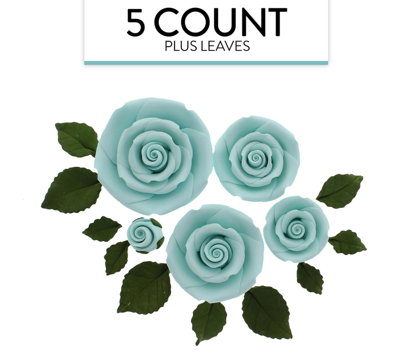 Exquisite Rose & Leaf Kit, Sugar Cake Flowers by Global Sugar Art, Baby Blue Roses with Leaves, 15-Piece Set