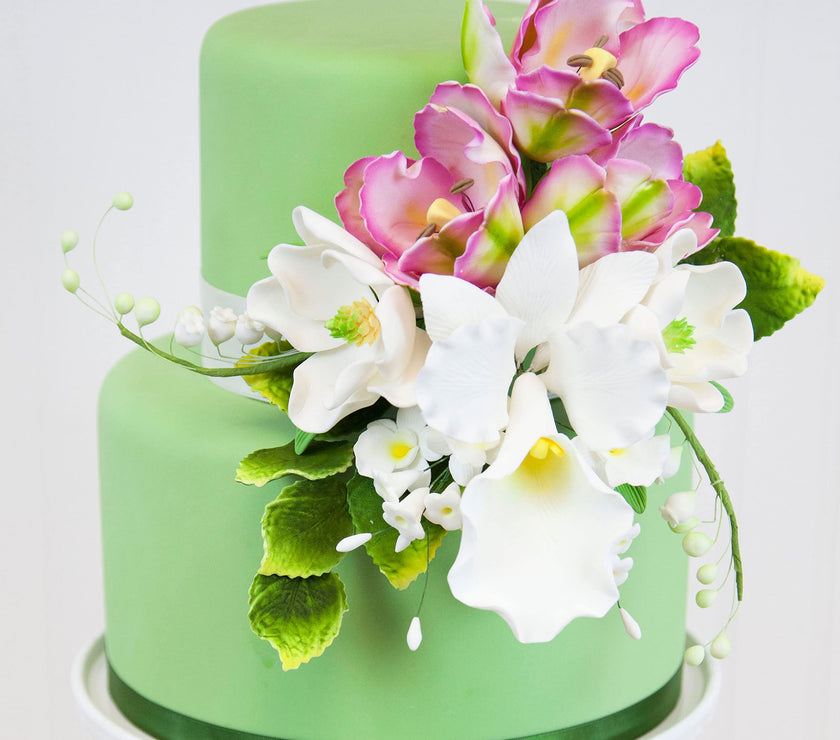 Orchid Sugar Cake Flower Sprays, White Cattleya Arched Orchid Spray, by Global Sugar Art