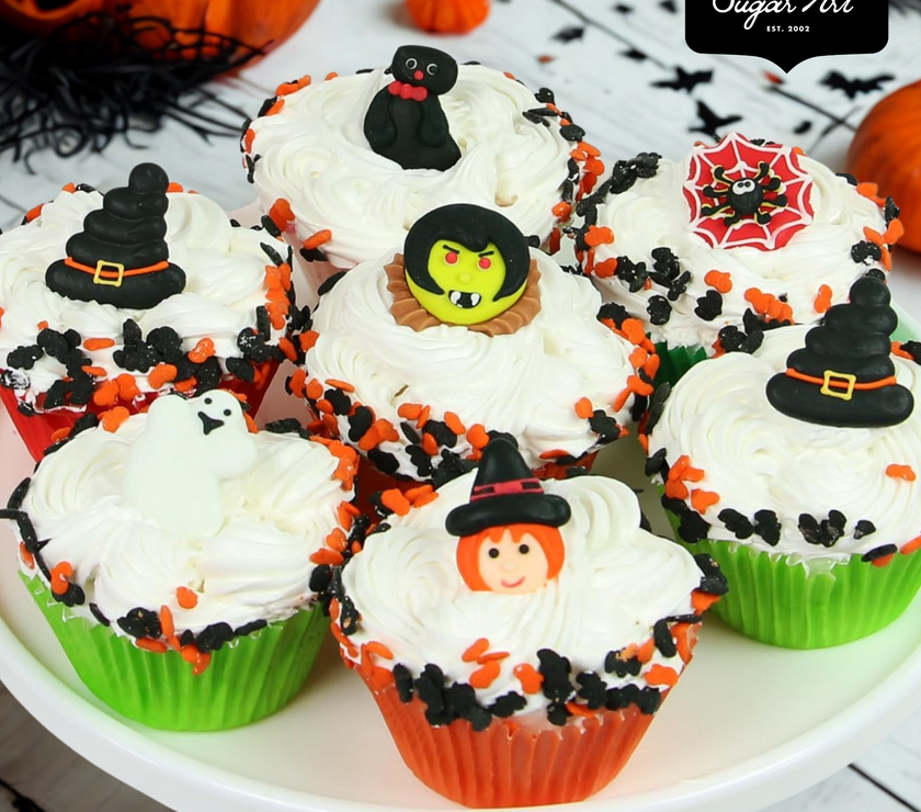 Halloween Cupcake Toppers, Edible Royal Icing Decorations by Global Sugar Art (Witch & Cat)