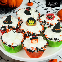 Halloween Cupcake Toppers, Edible Royal Icing Decorations by Global Sugar Art (Witch & Cat)