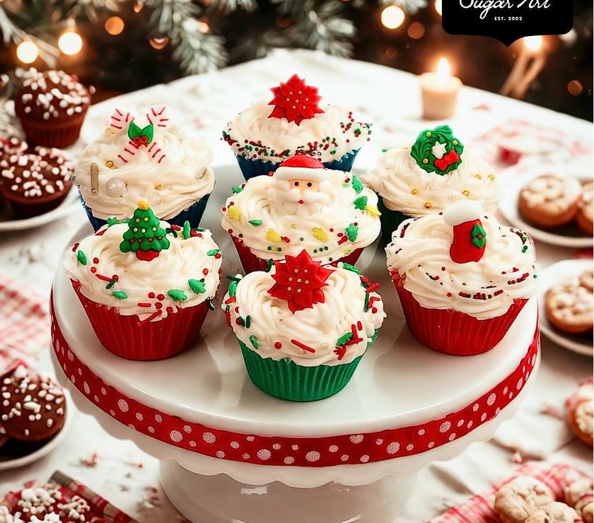 Christmas Cupcake Toppers, Edible Royal Icing Decorations, by Global Sugar Art (Wreath Poinsettia)