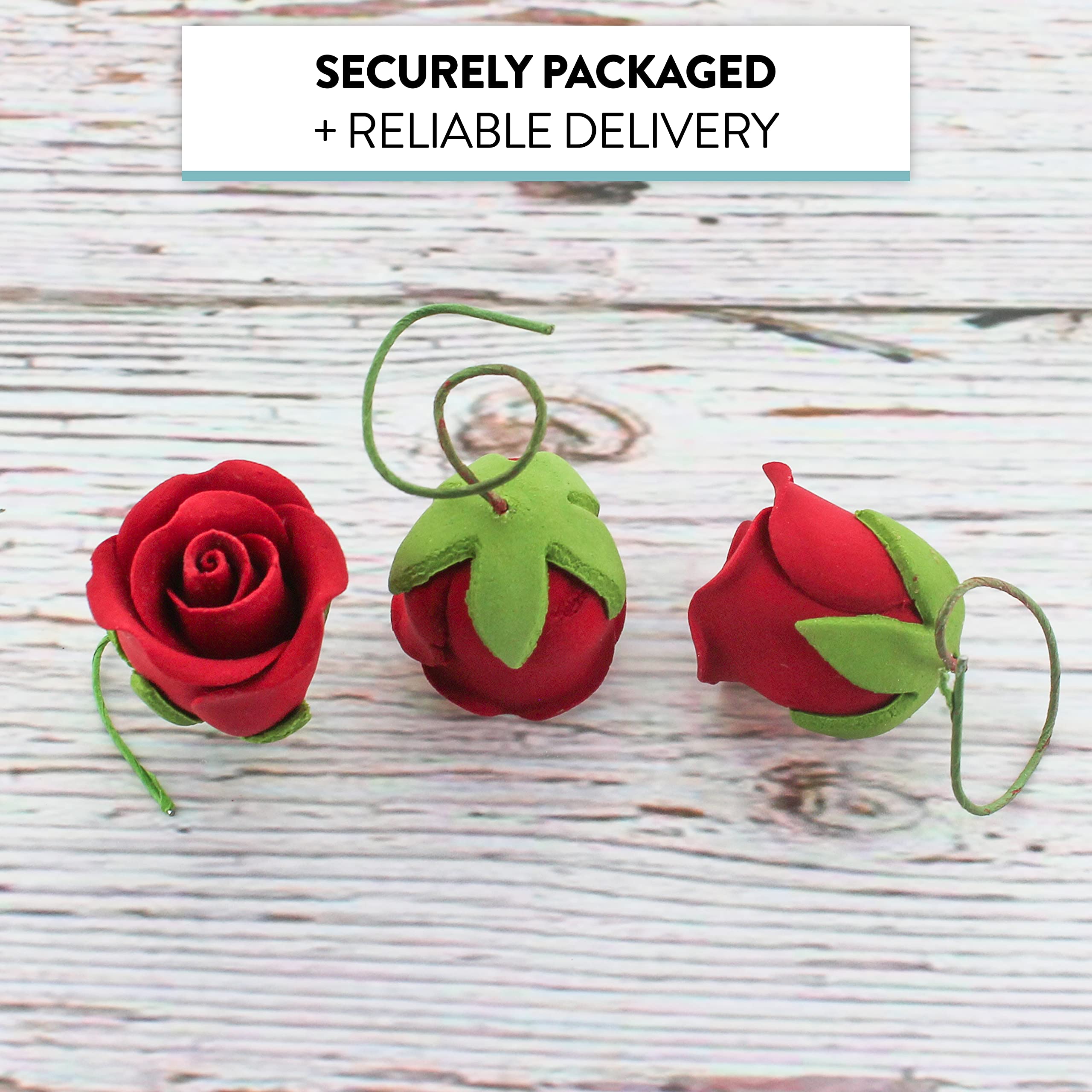 Classic Tea Rose Sugar Cake Flowers, by Global Sugar Art, Wired, Red with Green Calyx, Small