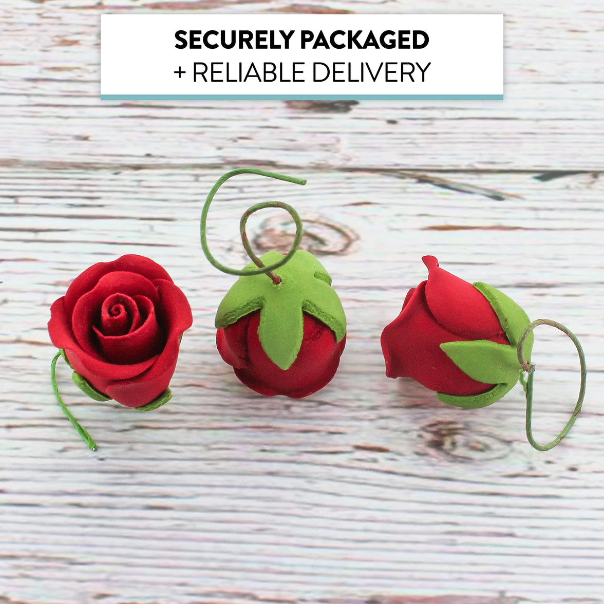 Classic Tea Rose Sugar Cake Flowers, by Global Sugar Art, Wired, Red with Green Calyx, Small