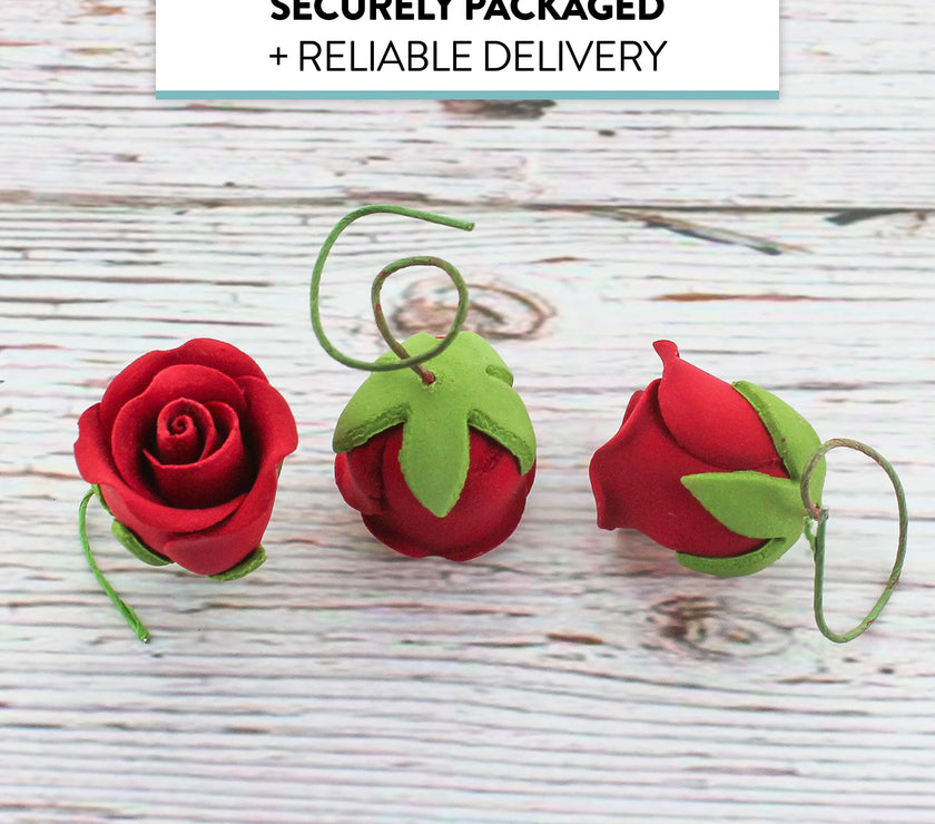 Classic Tea Rose Sugar Cake Flowers, by Global Sugar Art, Wired, Red with Green Calyx, Small
