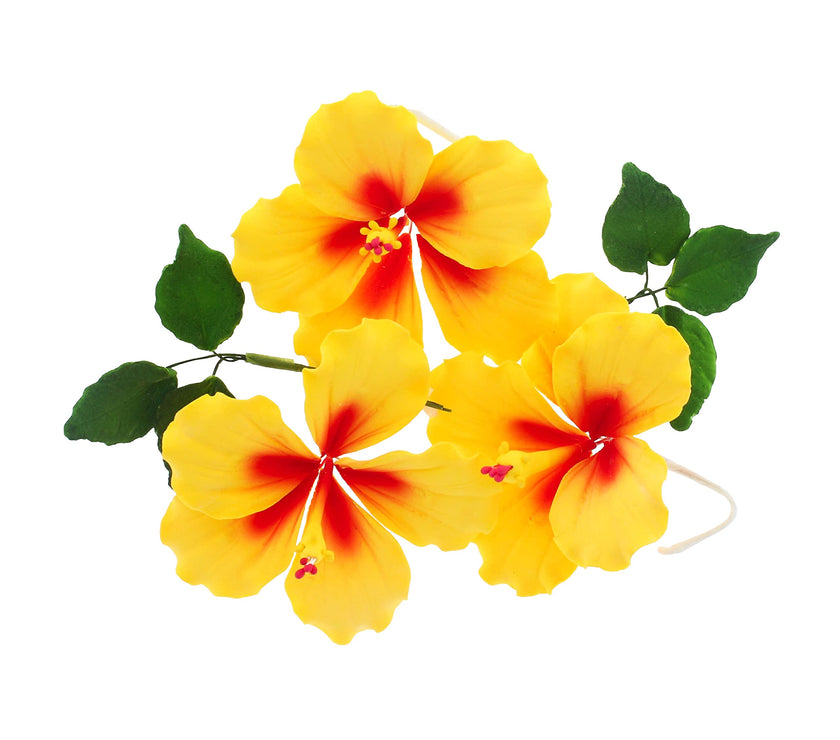 Global Sugar Art Hibiscus Sugar Cake Flowers, Yellow with Red, 3 Count with Leaves by Chef Alan Tetreault