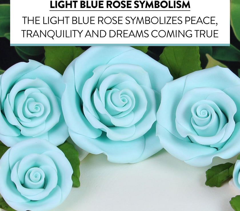 Exquisite Rose & Leaf Kit, Sugar Cake Flowers by Global Sugar Art, Baby Blue Roses with Leaves, 15-Piece Set