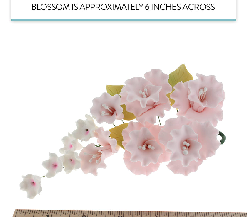 Flower Blossom Spray, Gum Paste Sugar Flowers for Cake Decorating, White Cherry Blossoms with Leaves