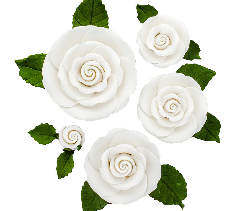 Exquisite Rose & Leaf Kit, Sugar Cake Flowers by Global Sugar Art, White Roses with Leaves, 15-Piece Set