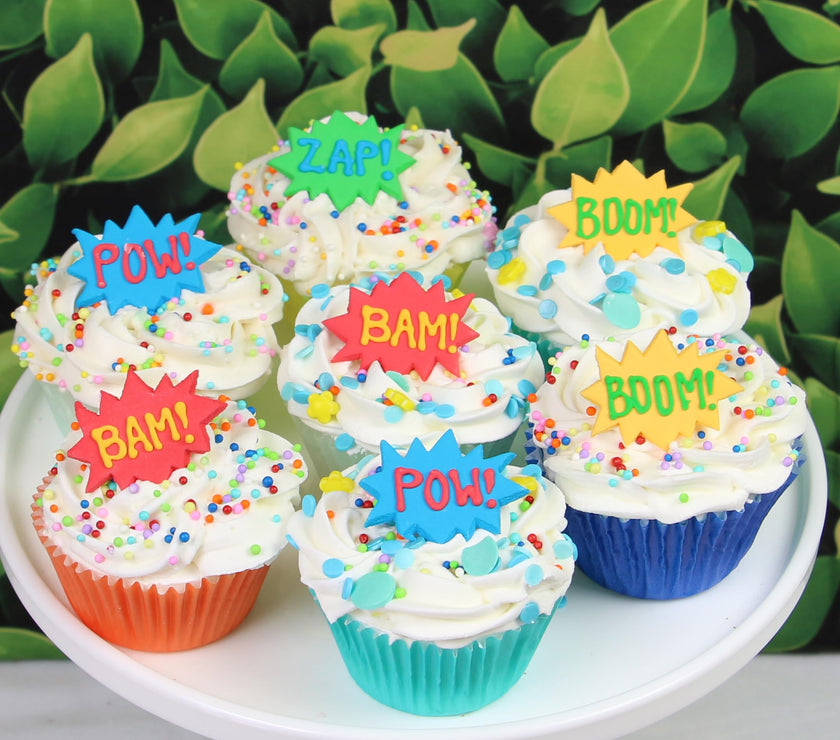 Super Power Comic Book Action Words, Edible Kosher Royal Icing Decorations for Cakes, Cupcakes and Cookies, by Global Sugar Art, 24 Count