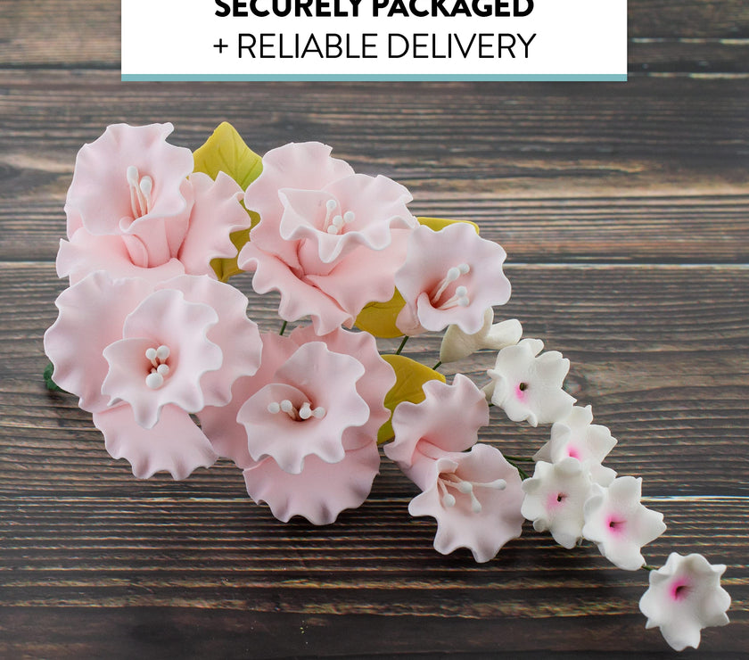 Flower Blossom Spray, Gum Paste Sugar Flowers for Cake Decorating, White Cherry Blossoms with Leaves