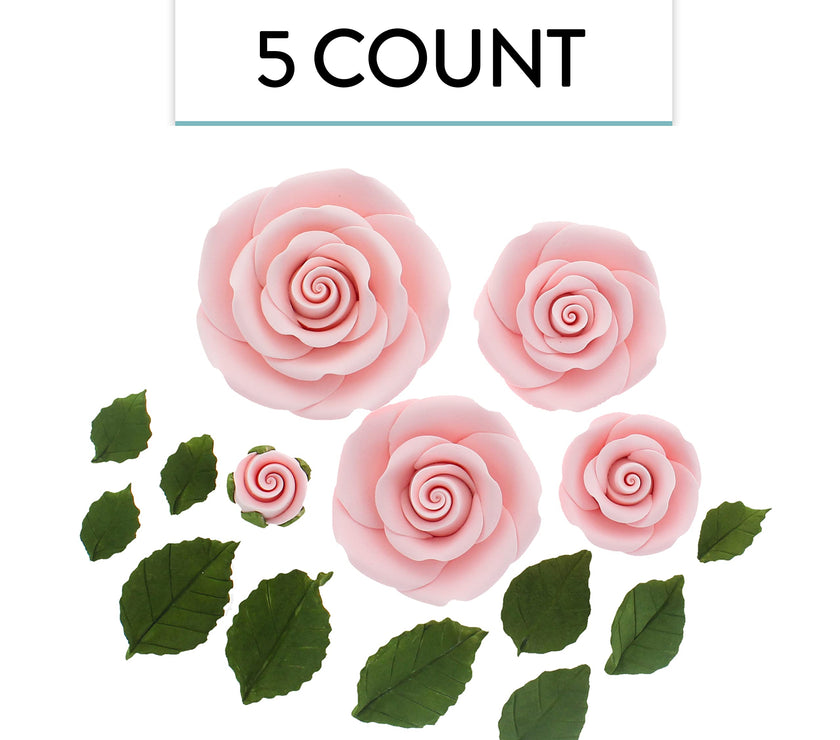 Exquisite Rose & Leaf Kit, Sugar Cake Flowers by Global Sugar Art, Pink Roses with Leaves, 15-Piece Set