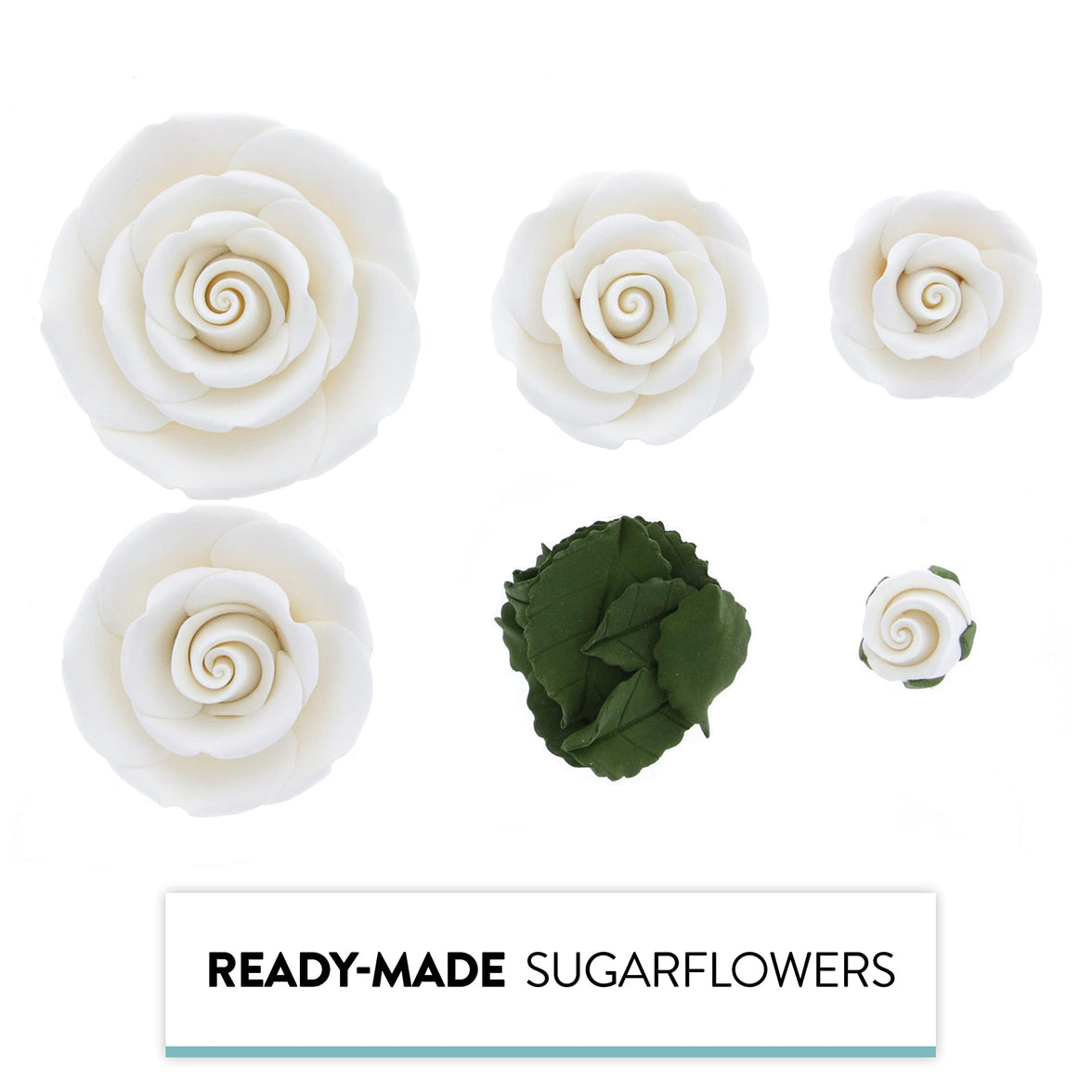 Exquisite Rose & Leaf Kit, Sugar Cake Flowers by Global Sugar Art, White Roses with Leaves, 15-Piece Set