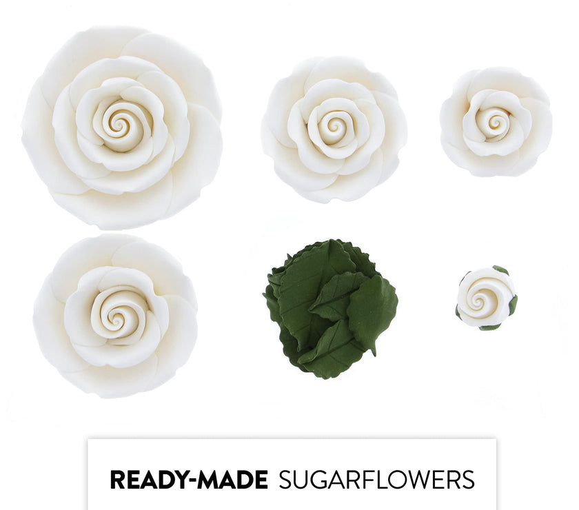 Exquisite Rose & Leaf Kit, Sugar Cake Flowers by Global Sugar Art, White Roses with Leaves, 15-Piece Set