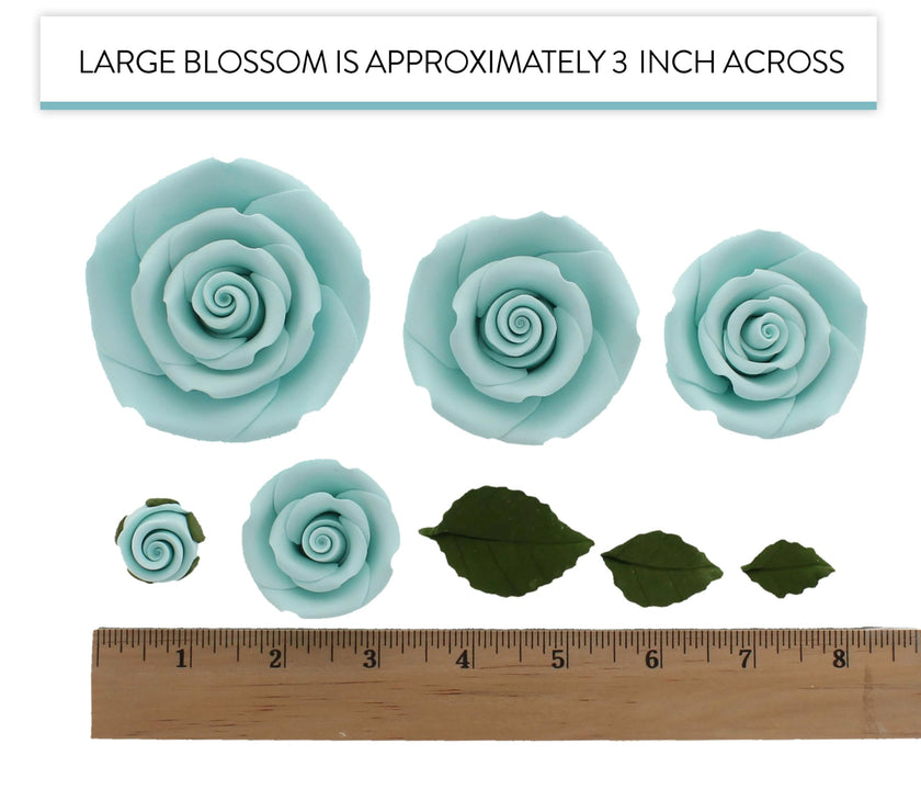 Exquisite Rose & Leaf Kit, Sugar Cake Flowers by Global Sugar Art, Baby Blue Roses with Leaves, 15-Piece Set