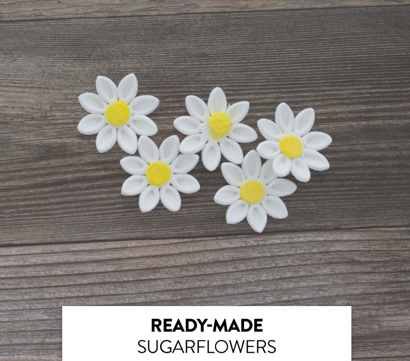 Edible Daisy Cake Decorations, White and Yellow Sugar Flowers, Unwired 1 Inch, Daisy Cupcake Toppers, Edible Flowers Cake Decorations by Chef Alan Tetreault, Global Sugar Art