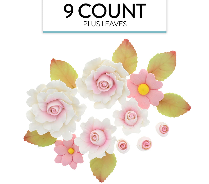 Ruffled Rose and Blossom Set, Sugar Flowers for Cakes, by Global Sugar Art, White and Pink