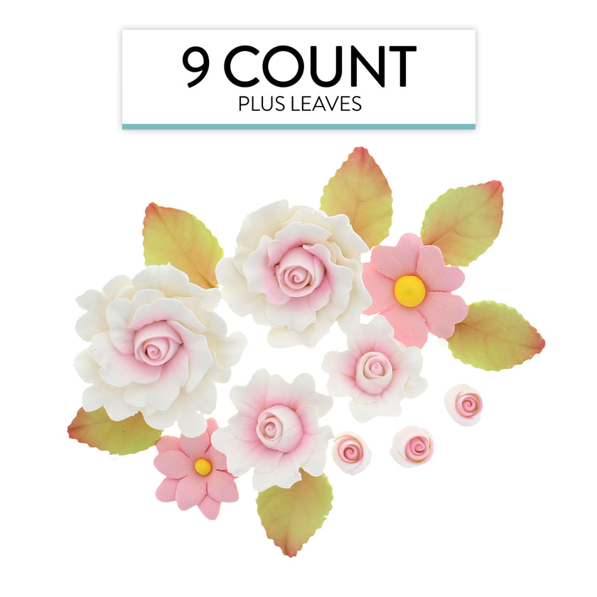 Ruffled Rose and Blossom Set, Sugar Flowers for Cakes, by Global Sugar Art, White and Pink