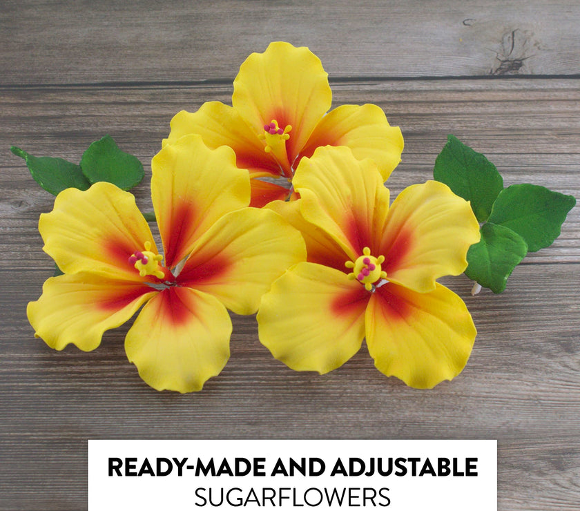 Global Sugar Art Hibiscus Sugar Cake Flowers, Yellow with Red, 3 Count with Leaves by Chef Alan Tetreault