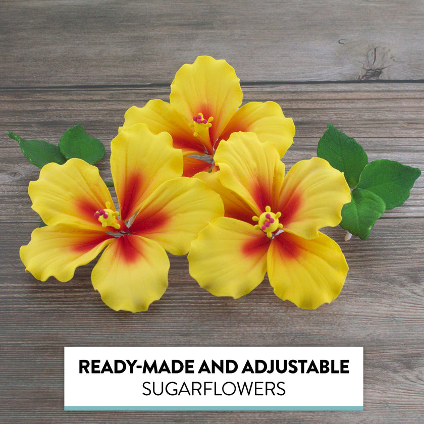 Global Sugar Art Hibiscus Sugar Cake Flowers, Yellow with Red, 3 Count with Leaves by Chef Alan Tetreault