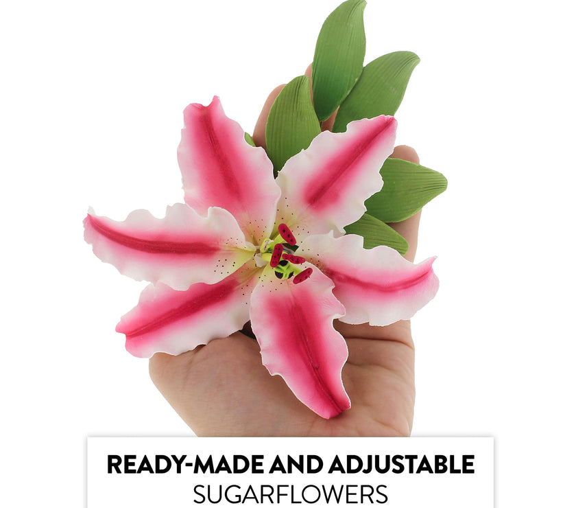 Stargazer Lily Sugar Flowers with Leaf Sprays by Global Sugar Art, Pink and White, 3 Count