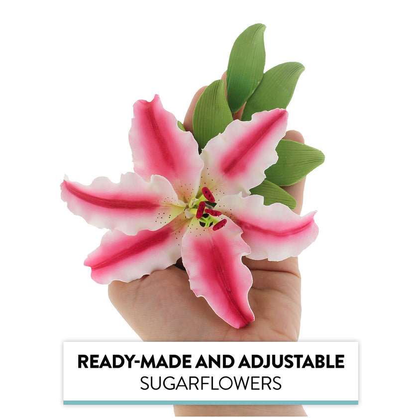 Stargazer Lily Sugar Flowers with Leaf Sprays by Global Sugar Art, Pink and White, 3 Count