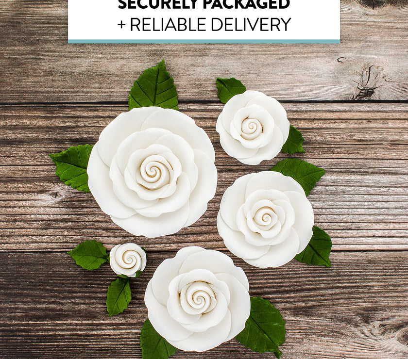 Exquisite Rose & Leaf Kit, Sugar Cake Flowers by Global Sugar Art, White Roses with Leaves, 15-Piece Set