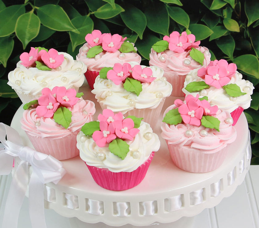 Flower Blossoms with Leaves, Edible Sugar Flowers for Cakes & Cupcakes, by Global Sugar Art, Pink