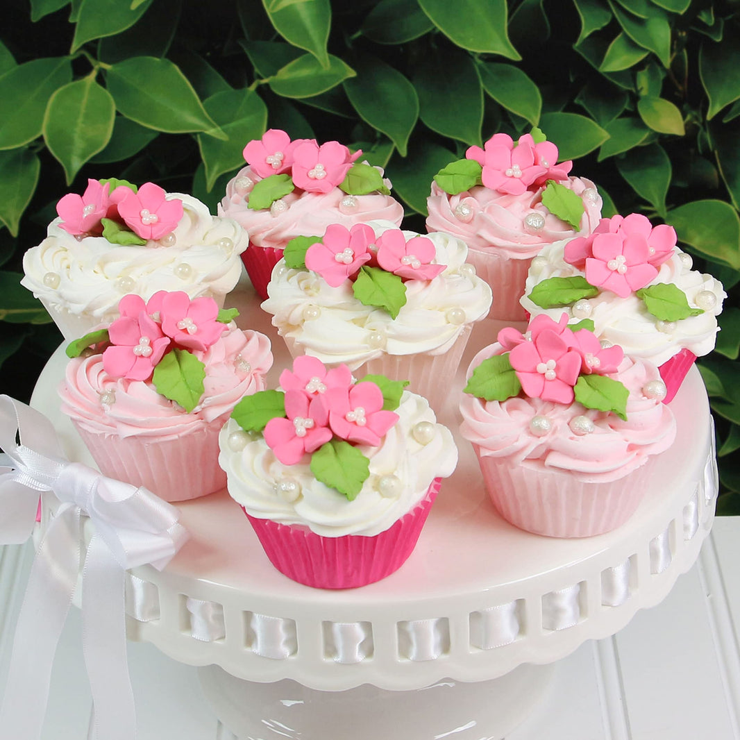 Flower Blossoms with Leaves, Edible Sugar Flowers for Cakes & Cupcakes, by Global Sugar Art, Pink