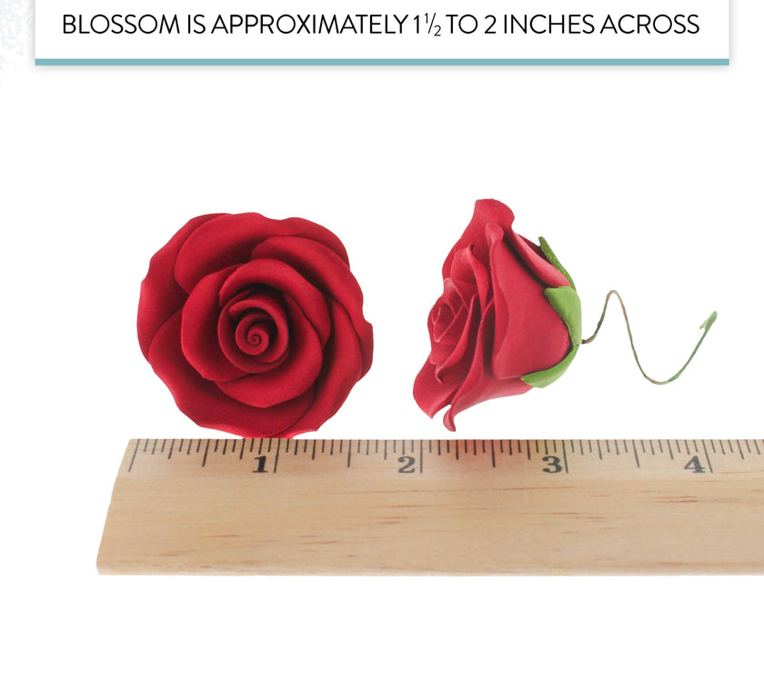 Classic Tea Rose Sugar Cake Flowers, by Global Sugar Art, Wired, Red with Green Calyx, Smedium