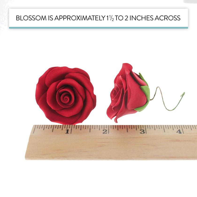 Classic Tea Rose Sugar Cake Flowers, by Global Sugar Art, Wired, Red with Green Calyx, Smedium