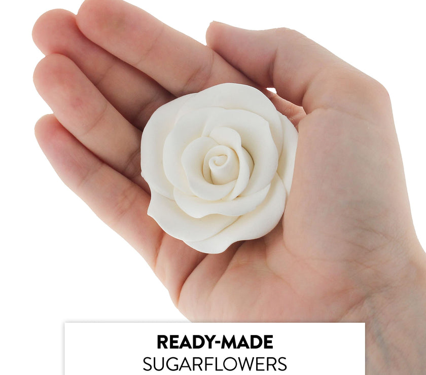 Deluxe White Roses for Cake Decorating, Premium Unwired Sugar Flowers by Global Sugar Art, White, Large