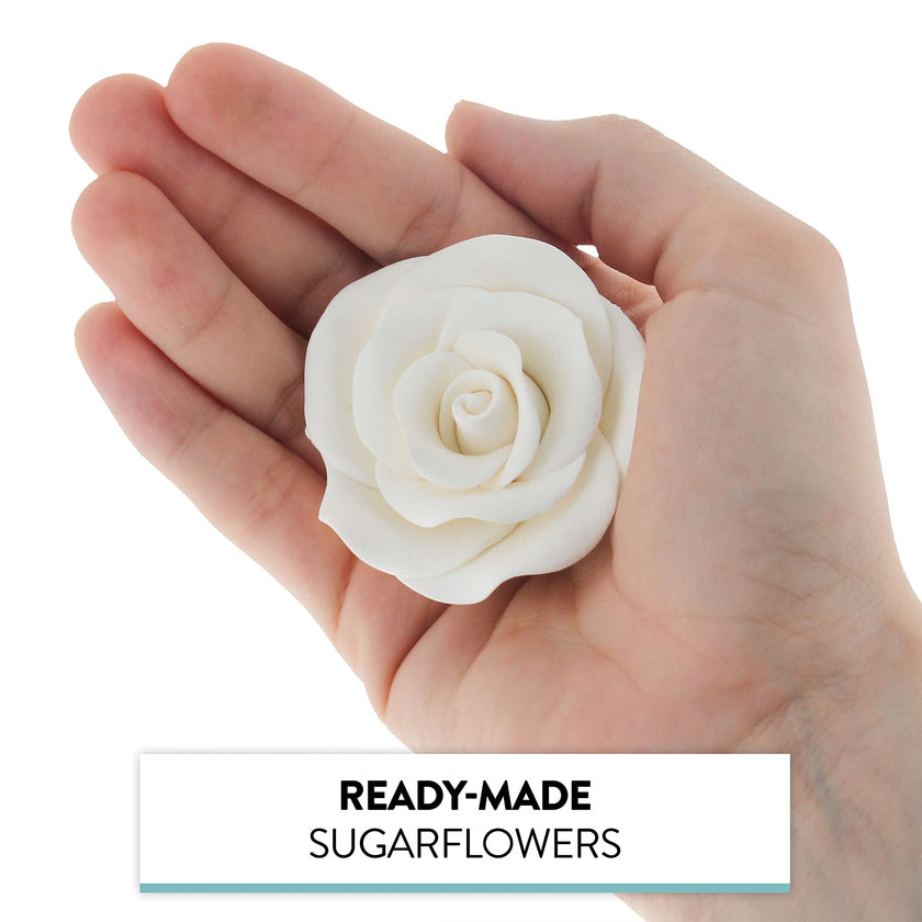 Deluxe White Roses for Cake Decorating, Premium Unwired Sugar Flowers by Global Sugar Art, White, Large