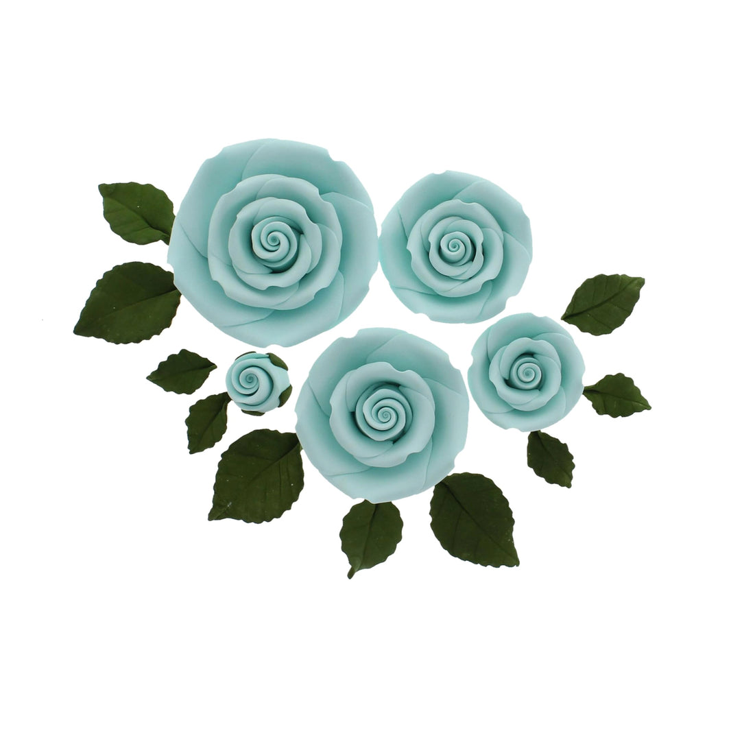 Exquisite Rose & Leaf Kit, Sugar Cake Flowers by Global Sugar Art, Baby Blue Roses with Leaves, 15-Piece Set