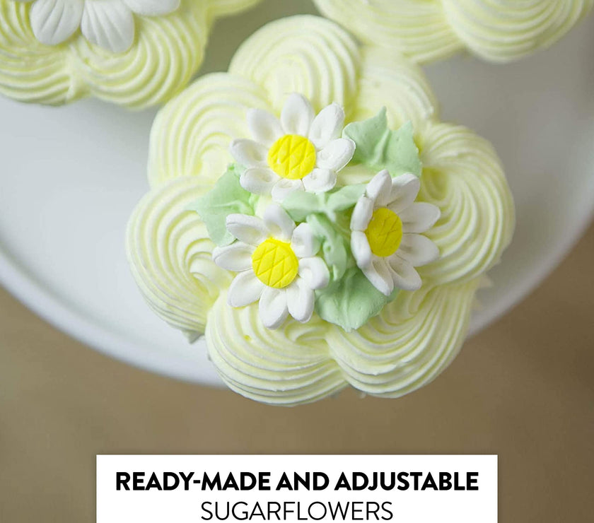 Edible Daisy Cake Decorations, White and Yellow Sugar Flowers, Unwired 3/4 Inch, Daisy Cupcake Toppers, Edible Flowers Cake Decorations by Chef Alan Tetreault, Global Sugar Art