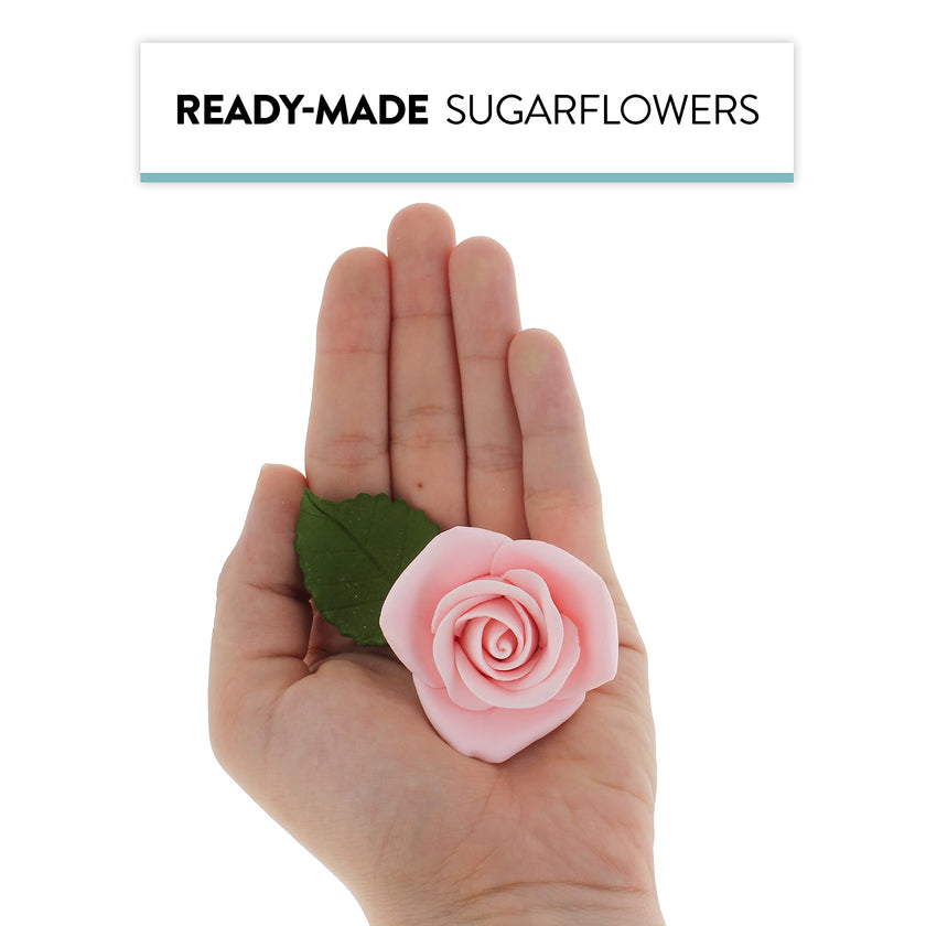 Peace Rose Sugar Flowers with Leaves, Cake Decorating Kit, by Global Sugar Art, Medium, Pink