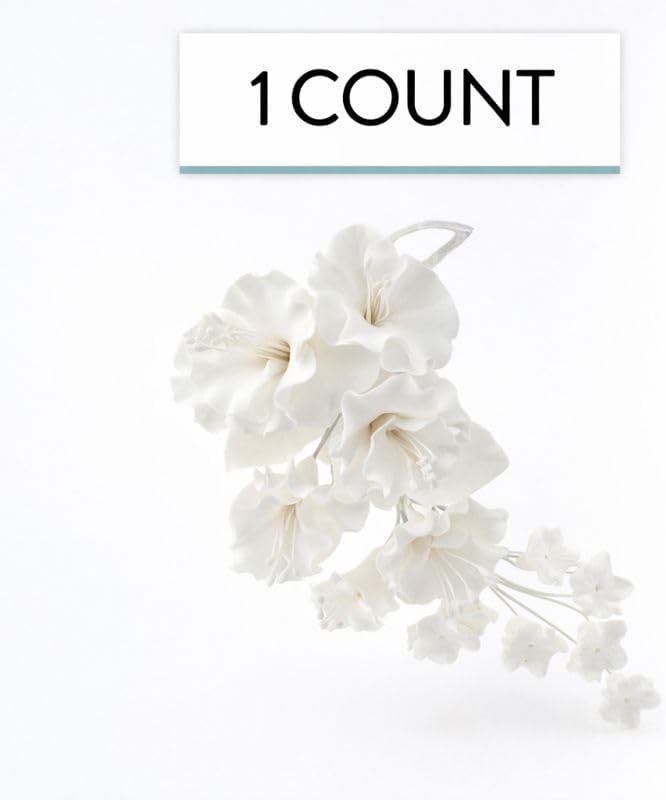 Flower Blossom Spray, Gum Paste Sugar Flowers for Cake Decorating, White Cherry Blossoms with Leaves