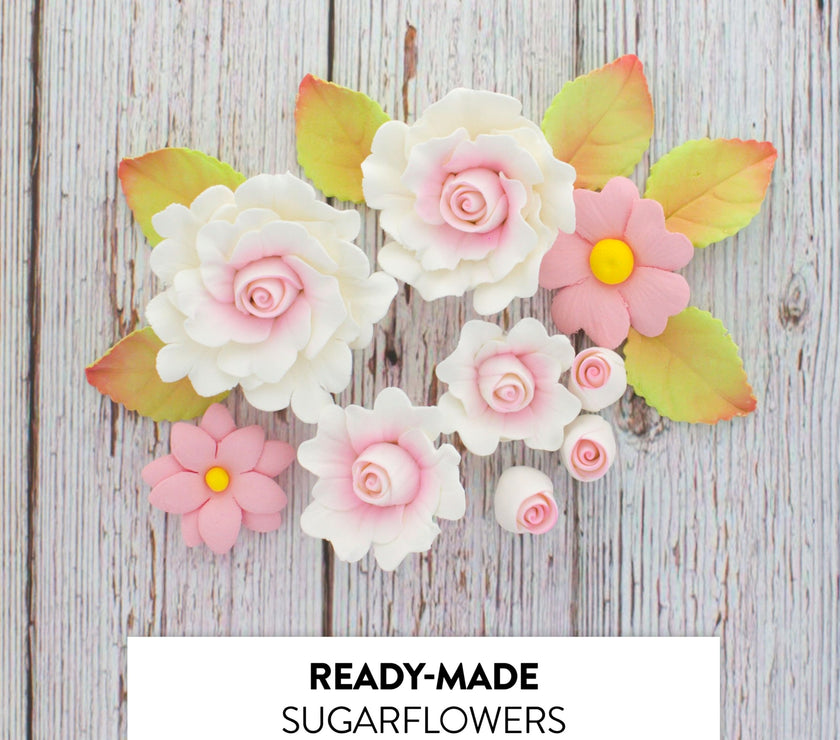 Ruffled Rose and Blossom Set, Sugar Flowers for Cakes, by Global Sugar Art, White and Pink