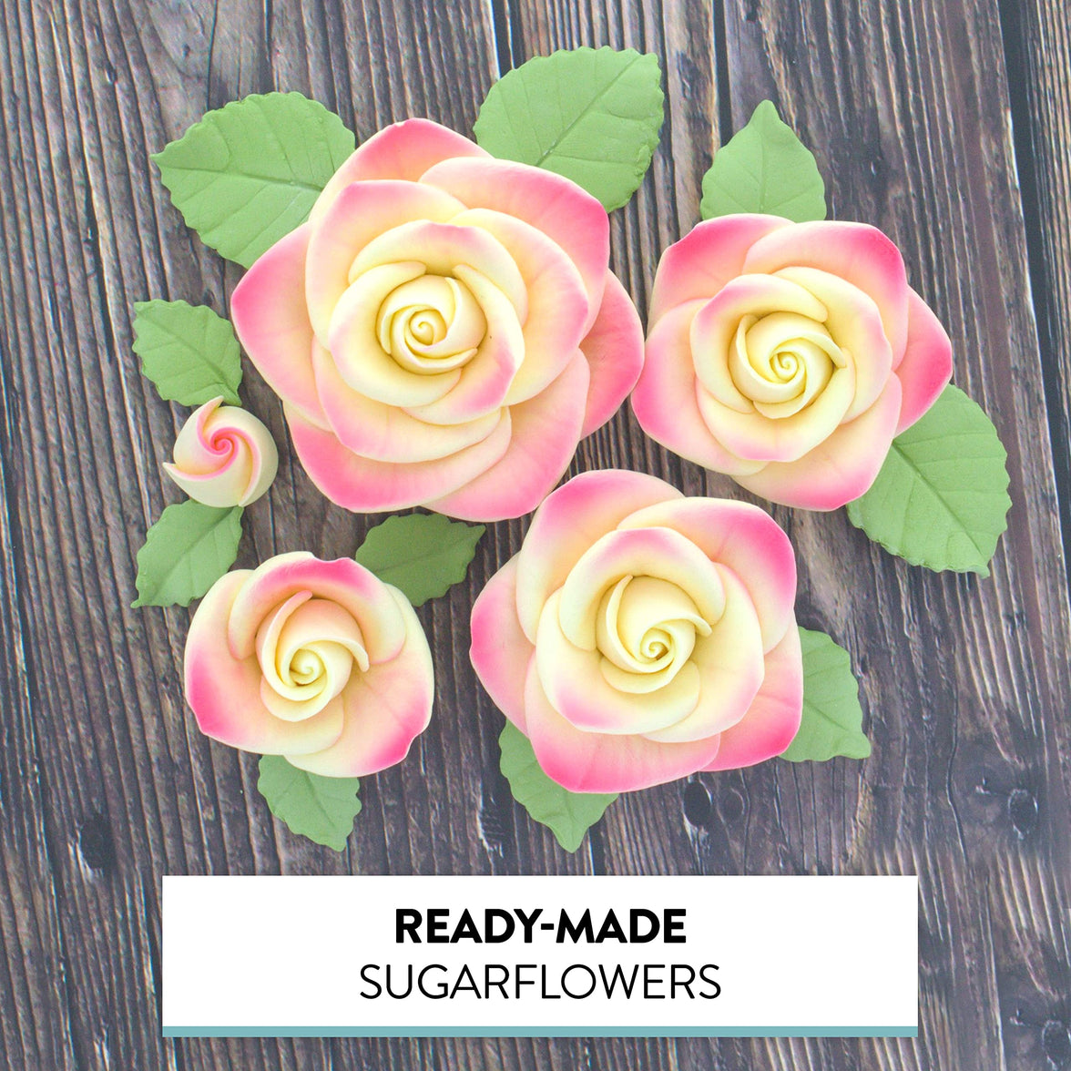 Exquisite Rose & Leaf Kit, Sugar Cake Flowers by Global Sugar Art, Yellow and Pink Roses with Leaves, 15-Piece Set
