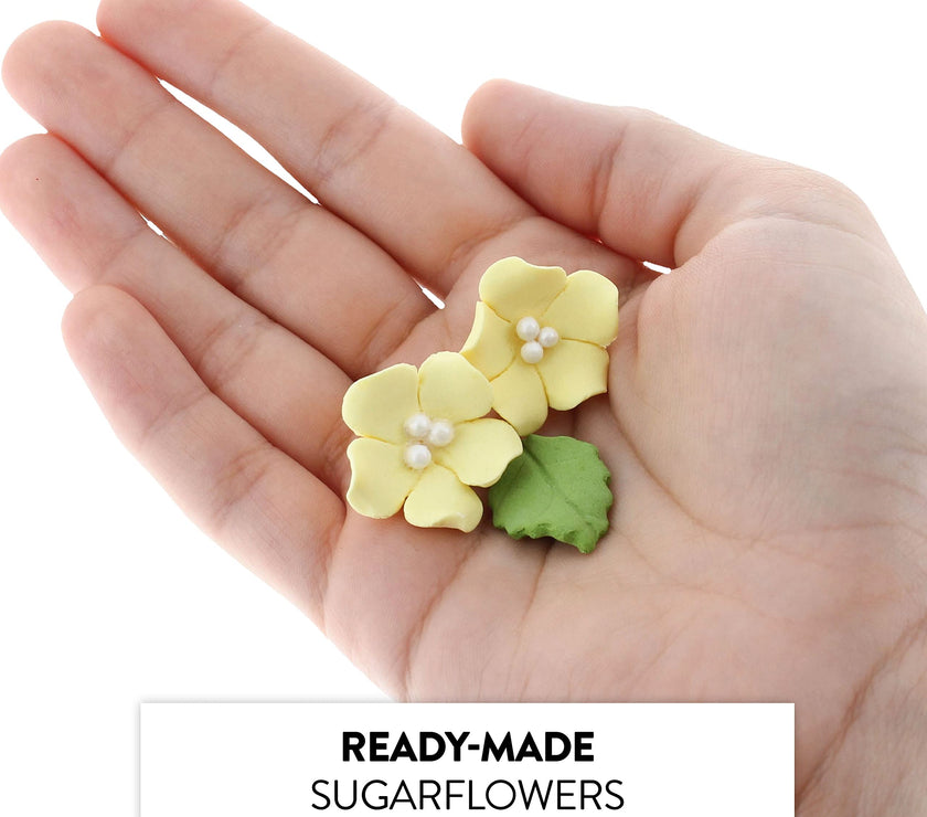 Flower Blossoms with Leaves, Edible Sugar Flowers for Cakes & Cupcakes, by Global Sugar Art, Yellow